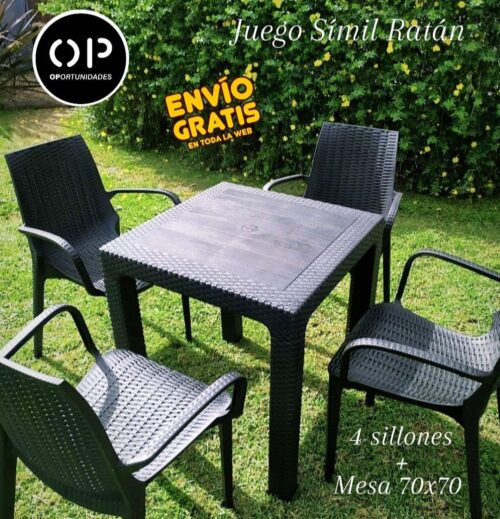 Juego 4 Sillas Con Apoya Brazos Simil Ratan + Mesa Simil Ratan 70X70
